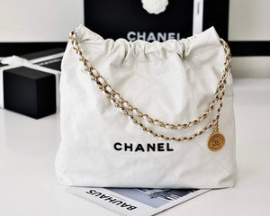 Chanel 22 Handbag Shiny Calfskin Gold AS3261 White with Black logo - Default Title - View 3