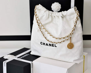Chanel 22 Handbag Shiny Calfskin Gold AS3261 White with Black logo - Default Title - View 5
