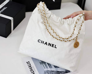 Chanel 22 Handbag Shiny Calfskin Gold AS3261 White with Black logo - Default Title - View 7