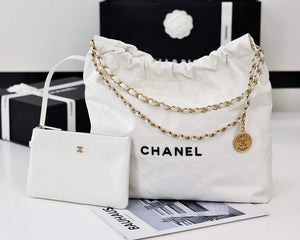 Chanel 22 Handbag Shiny Calfskin Gold AS3261 White with Black logo - Default Title - View 9