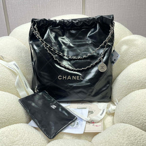 Chanel 22 Large Handbag Shiny Calfskin AS3262 Black with Silver Logo - Default Title - View 1