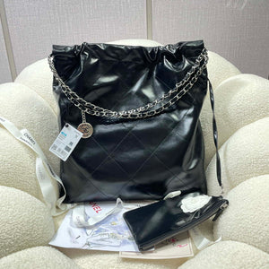 Chanel 22 Large Handbag Shiny Calfskin AS3262 Black with Silver Logo - Default Title - View 2