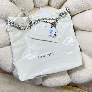 Chanel 22 Large Handbag Shiny Calfskin AS3262 White with Silver Logo - Default Title - View 4