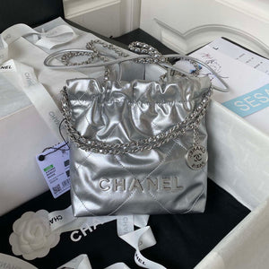 Chanel 22 AS3980 Mini Handbag Shiny Calfskin & Silver-Tone Metal Silver - Default Title - View 1