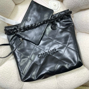 Chanel 22 Small Handbag Shiny Calfskin AS3260 Black with Black logo - Default Title - View 4