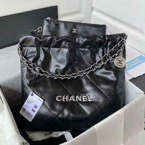 Chanel 22 Small Handbag Shiny Calfskin AS3260 Black with Silver Logo - Default Title - View 1