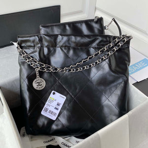 Chanel 22 Small Handbag Shiny Calfskin AS3260 Black with Silver Logo - Default Title - View 2