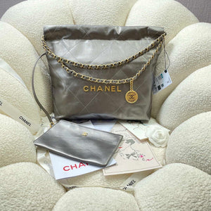Chanel 22 Small Handbag Shiny Calfskin AS3260 Gray Silver - Default Title - View 1