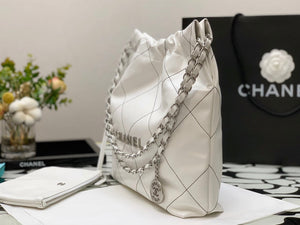 Chanel 22 Small Handbag Shiny Calfskin AS3260 White with Silver Logo - Default Title - View 5