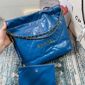 Chanel AS3260 22 Small Handbag Shiny Calfskin Blue Gold - Default Title - View 2