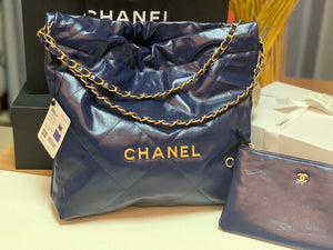Chanel 22 Small Handbag Shiny Calfskin AS3260 Navy Blue Gold - Default Title - View 2