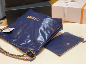 Chanel 22 Small Handbag Shiny Calfskin AS3260 Navy Blue Gold - Default Title - View 5