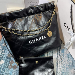 Chanel 22 Small Handbag Shiny Calfskin AS3260 Black Gold with White logo - Default Title - View 2
