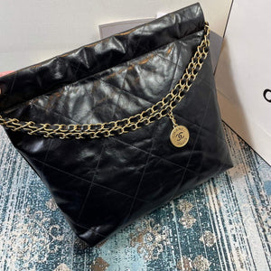 Chanel 22 Small Handbag Shiny Calfskin AS3260 Black Gold with White logo - Default Title - View 3