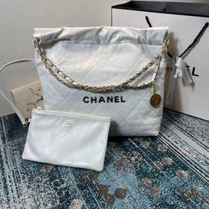 Chanel 22 Small Handbag Shiny Calfskin AS3260 White Gold with Black logo - Default Title - View 1