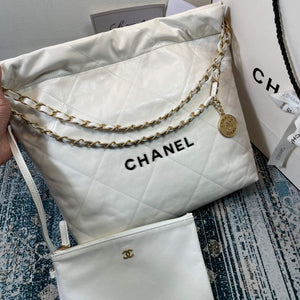 Chanel 22 Small Handbag Shiny Calfskin AS3260 White Gold with Black logo - Default Title - View 2