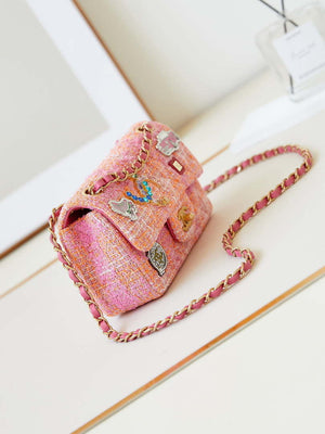 Chanel 24C A01113 Flap Handbag Classic Bag Woolen A69900 Orange & Pink - Default Title - View 3