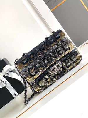 Chanel 25C Mini Classic Handbag A69900 letter shape Black shiny sequin - Default Title - View 1