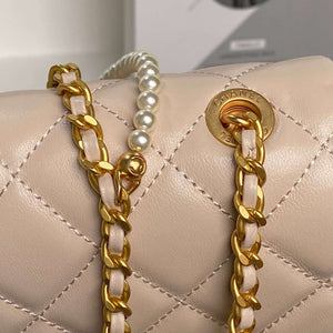 Chanel 25P AS5353 Flap Bag Shiny Lambskin Imitation Pearls & Gold-Tone Metal Apricot - Default Title - View 4