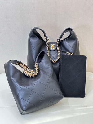Chanel 25SS AS5403 Hobo Handbag Shiny Lambskin & Gold-Tone Metal Black - Default Title - View 3