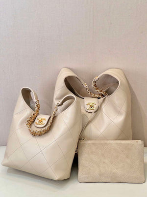 Chanel 25P AS5425 Large Hobo Handbag Shiny Lambskin & Gold-Tone Metal Apricot - Default Title - View 2