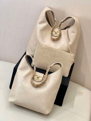 Chanel 25P AS5425 Large Hobo Handbag Shiny Lambskin & Gold-Tone Metal Apricot - Default Title - View 4