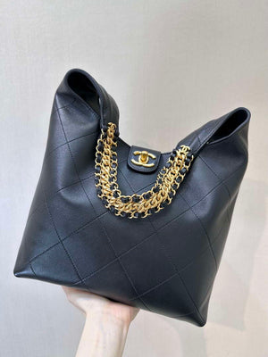 Chanel 25SS AS5425 Large Hobo Handbag Shiny Lambskin & Gold-Tone Metal Black - Default Title - View 10