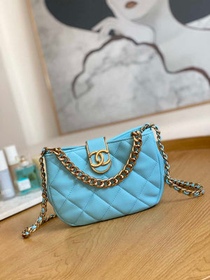Chanel 3475 Small HOBO Handbag Lambskin & Gold-Tone Metal Ligth Blue - Default Title - View 1