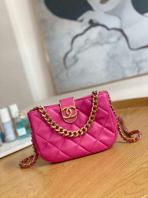 Chanel 3475 Small HOBO Handbag Lambskin & Gold-Tone Metal Rose Red - Default Title - View 1