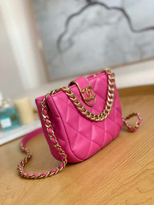Chanel 3475 Small HOBO Handbag Lambskin & Gold-Tone Metal Rose Red - Default Title - View 3