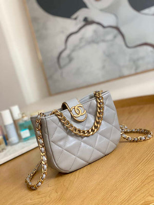 Chanel 3475 Small HOBO Handbag Lambskin & Gold-Tone Metal Light Gray - Default Title - View 3
