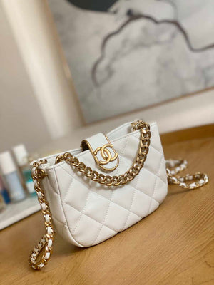 Chanel 3475 Small HOBO Handbag Lambskin & Gold-Tone Metal White - Default Title - View 3