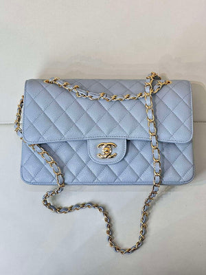 Chanel A01112 Flap Classic 11.12 Handbag Calfskin Sewing Edge Haze Blue - Gold - View 3