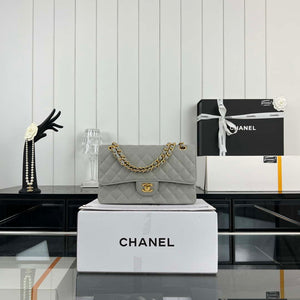Chanel A01112 Flap Classic Handbag Grained Calfskin & Gold-Tone Metal Gray - Default Title - View 1
