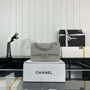 Chanel A01112 Flap Classic Handbag Grained Calfskin & Silver-Tone Metal Gray - Default Title - View 1