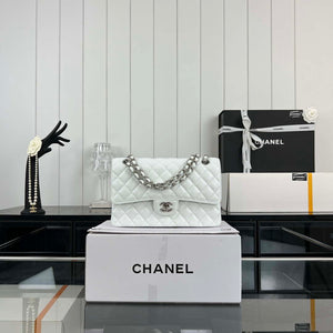 Chanel A01112 Flap Classic Handbag Grained Calfskin & Silver-Tone Metal White - Default Title - View 1