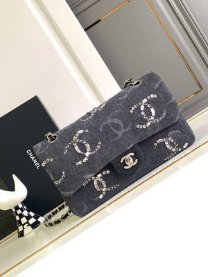 Chanel A01112 Flap Classic Handbag Gray denim beaded sequin bag - Default Title - View 1