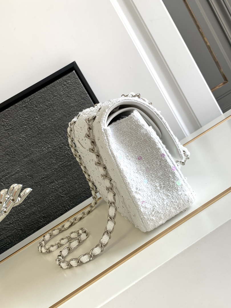 Chanel A01112 Flap Classic Handbag Tweed beads& Silver-Tone Metal White - Default Title - View 2