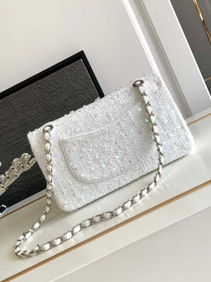 Chanel A01112 Flap Classic Handbag Tweed beads& Silver-Tone Metal White - Default Title - View 3
