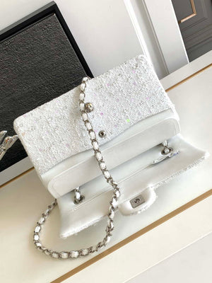 Chanel A01112 Flap Classic Handbag Tweed beads& Silver-Tone Metal White - Default Title - View 6