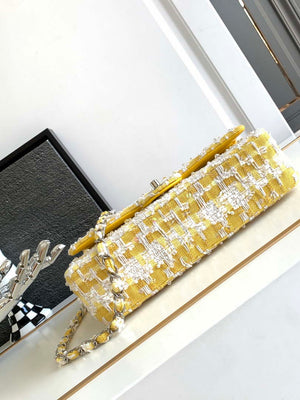 Chanel A01112 Flap Classic Handbag Tweed beads& Silver-Tone Metal Yellow - Default Title - View 4