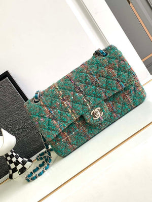 Chanel A01112 Flap Classic Handbag Tweed & Silver-Tone Metal Green - Default Title - View 1