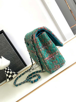 Chanel A01112 Flap Classic Handbag Tweed & Silver-Tone Metal Green - Default Title - View 2