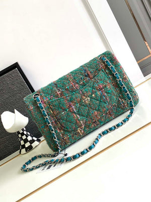 Chanel A01112 Flap Classic Handbag Tweed & Silver-Tone Metal Green - Default Title - View 3
