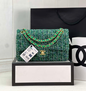 Chanel A01112 Flap Classic Handbag Woolen & Gold-Tone Metal Green - Default Title - View 1