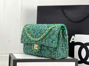 Chanel A01112 Flap Classic Handbag Woolen & Gold-Tone Metal Green - Default Title - View 2