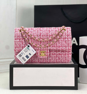 Chanel A01112 Flap Classic Handbag Woolen & Gold-Tone Metal Pink - Default Title - View 1