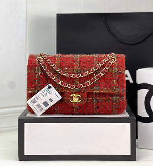 Chanel A01112 Flap Classic Handbag Woolen & Gold-Tone Metal Red - Default Title - View 1