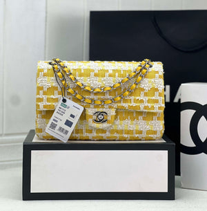 Chanel A01112 Flap Classic Handbag Woolen & Silver-Tone Metal Yellow - Default Title - View 1