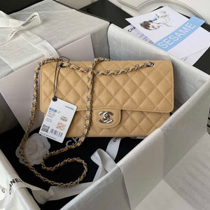 Chanel A01112 Flap Handbag Classic bag Grained shiny Calfskin Tan Silver - Default Title - View 1